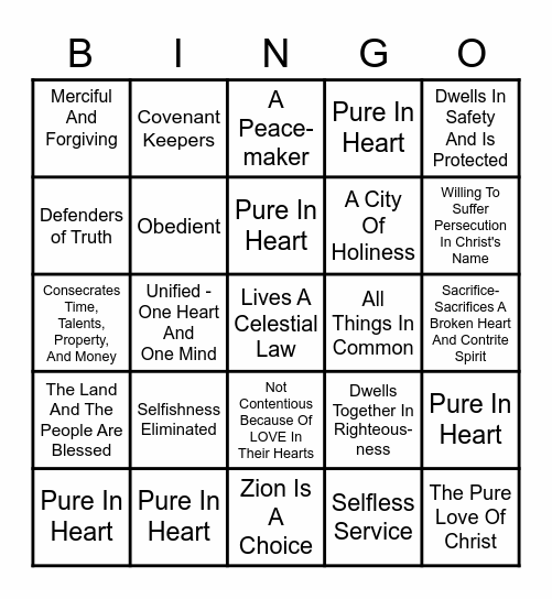 ZION - A Place, A People, A Condition Of Heart Bingo Card