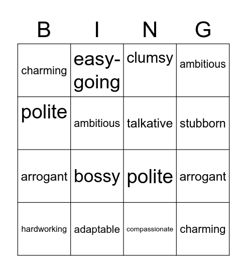 Personality Adjectives Bingo Card