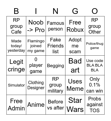 Roblox Ads Bingo Card