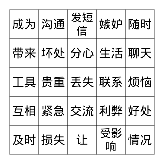 MYP4 - 带手机上学的好处与坏处 Bingo Card