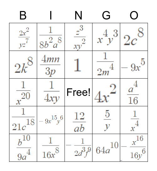 Law of Exponents Bingo Card