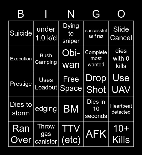 Beefs Warzone Bingo Card