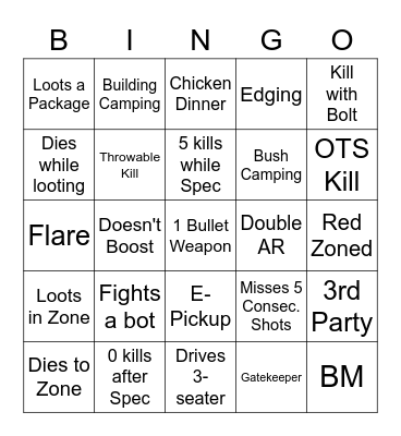 PUBG Spectating Bingo Card