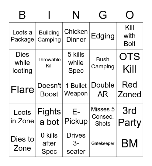 PUBG Spectating Bingo Card