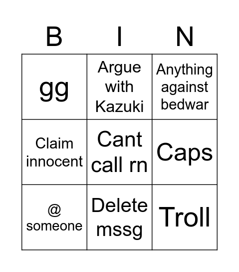 Ting Bingo Card