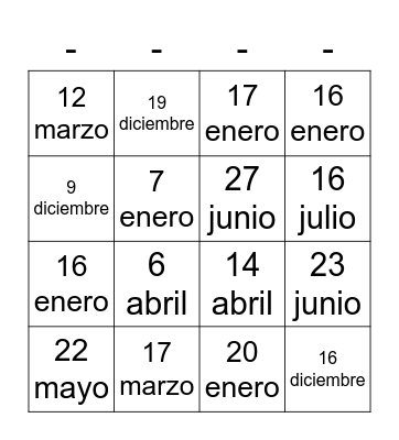 Mi cumpleaños es el ___ de ________. Bingo Card