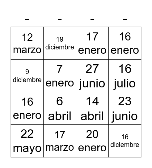 Mi cumpleaños es el ___ de ________. Bingo Card