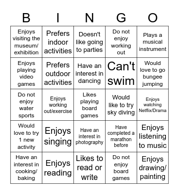 Interests & Hobbies Bingo Card