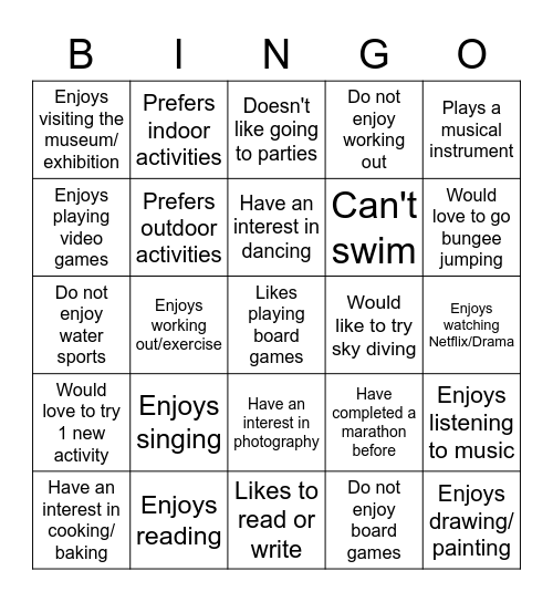 Interests & Hobbies Bingo Card