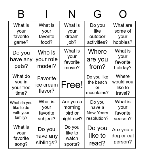 Get to Know you BINGO Card