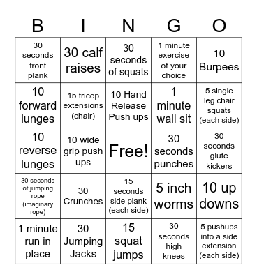 Fitness Bingo Card