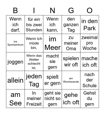 Full verbs Freizeit Sport and Activities Bingo Card