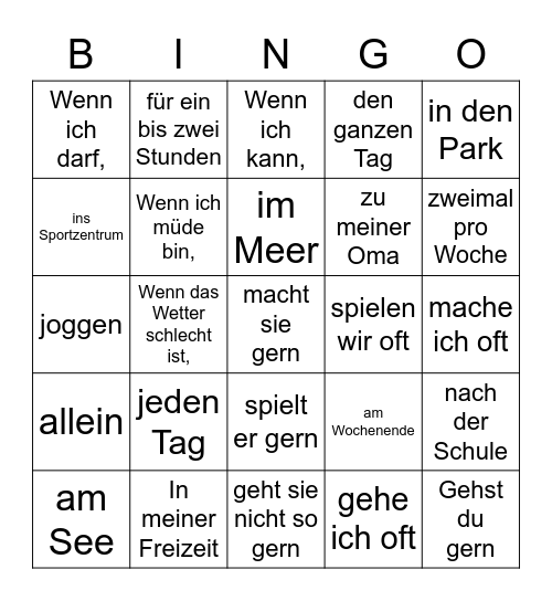 Full verbs Freizeit Sport and Activities Bingo Card