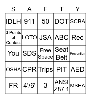 Safety Bingo Card