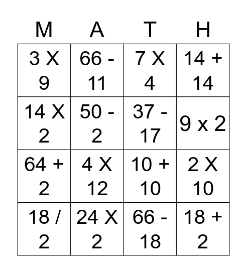 Easy Multiplication Bingo Card