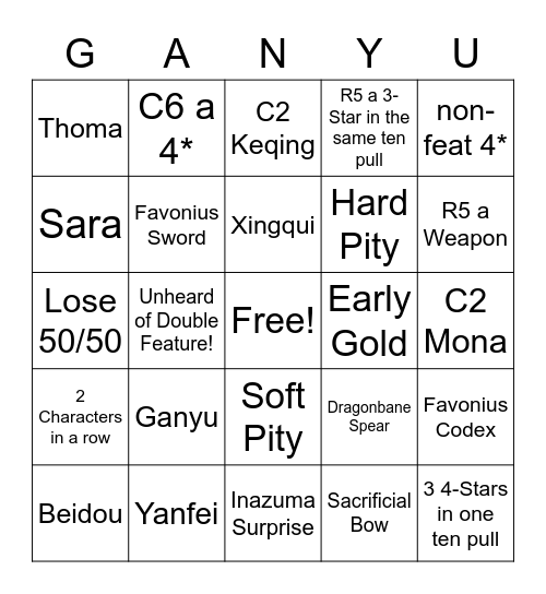 Ganyu Wishing Bingo Card