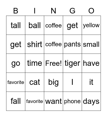 Word of the day Bingo Card