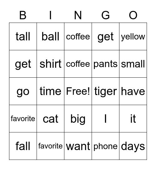 Word of the day Bingo Card
