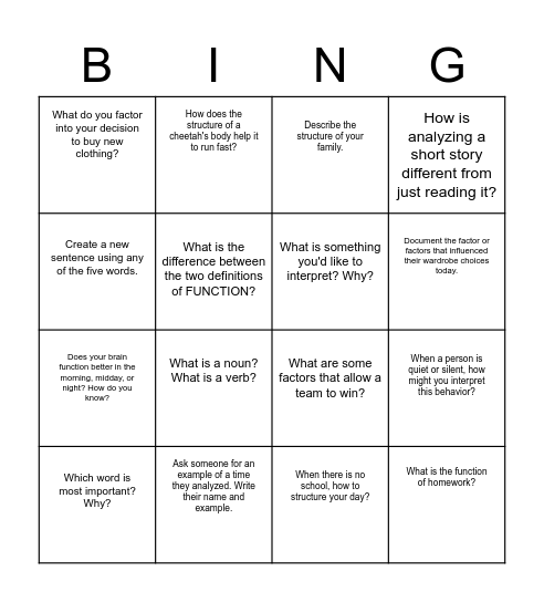 WordGen Week 1 Words Bingo Card