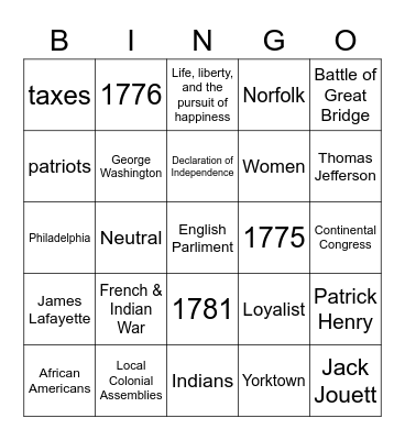 Revolutionary War Bingo Card