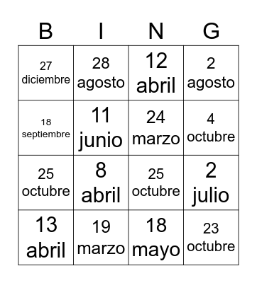 Mi cumpleaños es el __ de ____ Bingo Card
