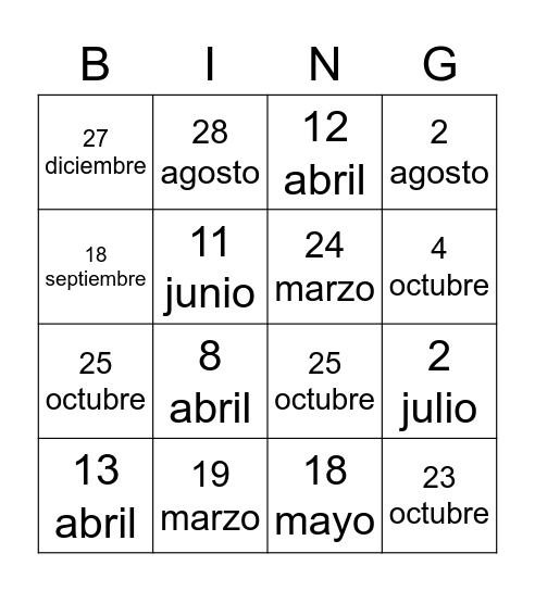 Mi cumpleaños es el __ de ____ Bingo Card