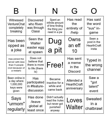 HearthCraft Bingo Card