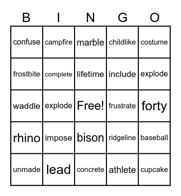 Multisyllabic Word Bingo Card