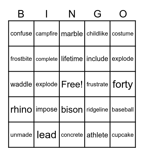 Multisyllabic Word Bingo Card