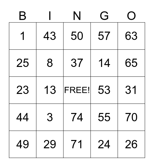 BRAILLE BINGO Card
