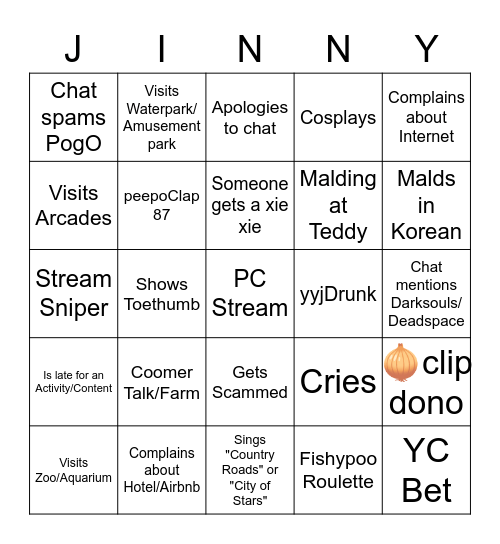 Jinnytty Bingo Card