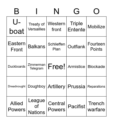 World War I Vocabulary Bingo Card