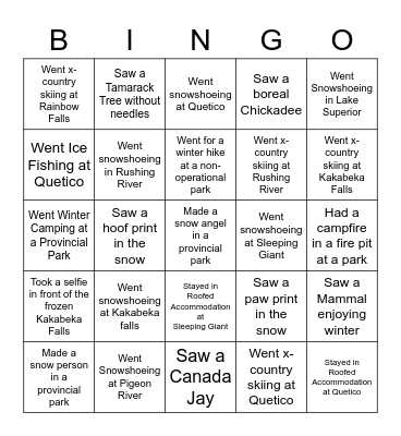 Ontario Parks North West Winter Bingo Card