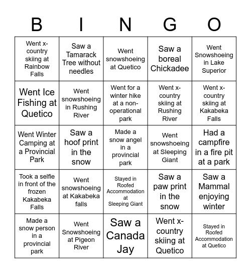 Ontario Parks North West Winter Bingo Card