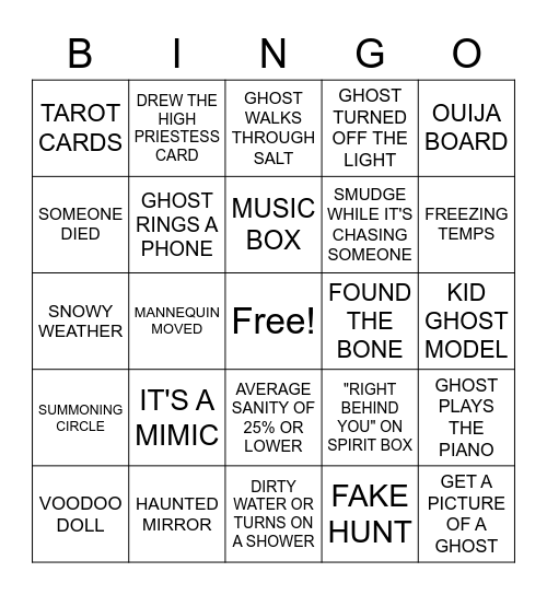 Phasmophobia BINGO Card