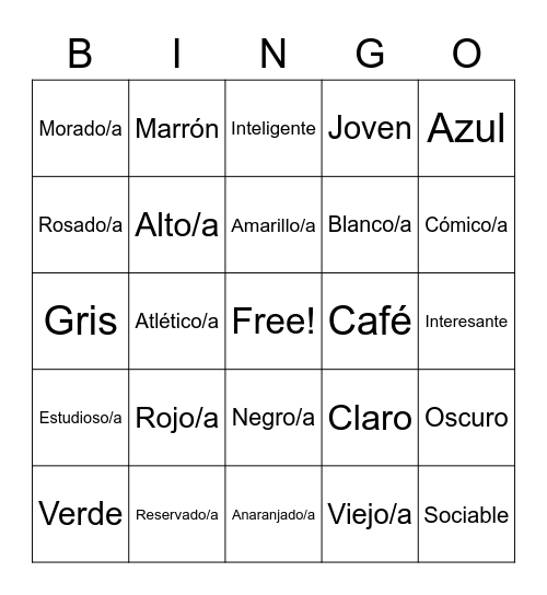 Spanish Colors & Adjectives Bingo Card