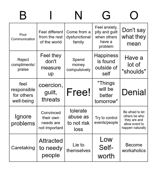 Codependency Bingo Card