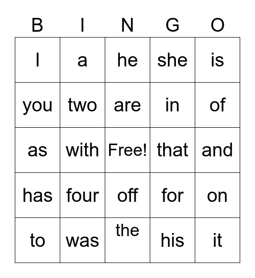 2G#1 SIGHT WORD BINGO Card