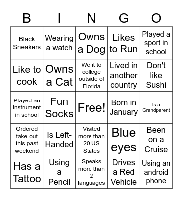 About You Bingo Card