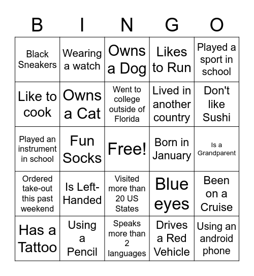About You Bingo Card