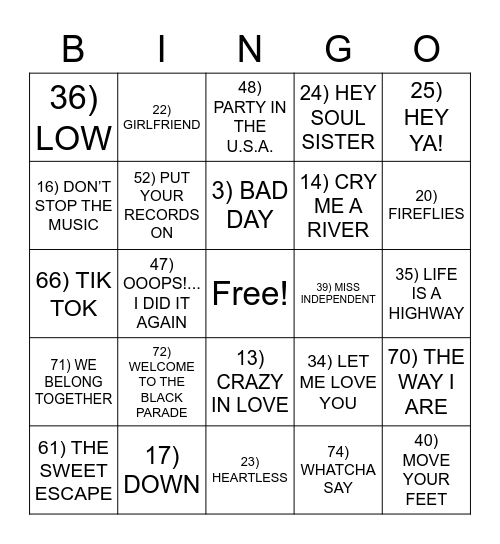 2000s BINGO Card