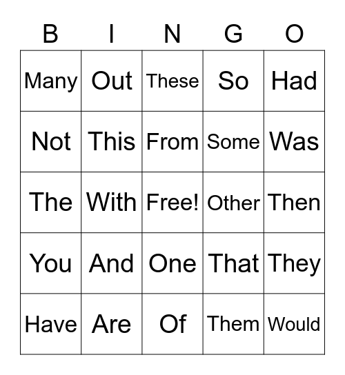 Sight Word Bingo Card