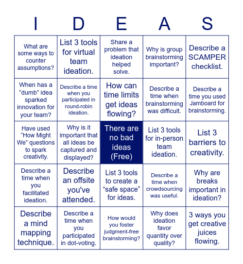 Ideation and Creativity Bingo Card