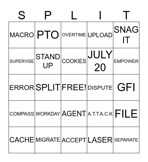 SPLIT Bingo Card