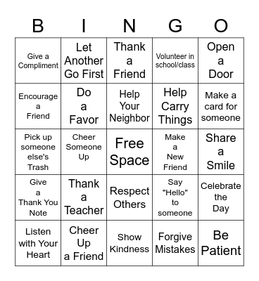 Random Acts of Kindness Bingo Card