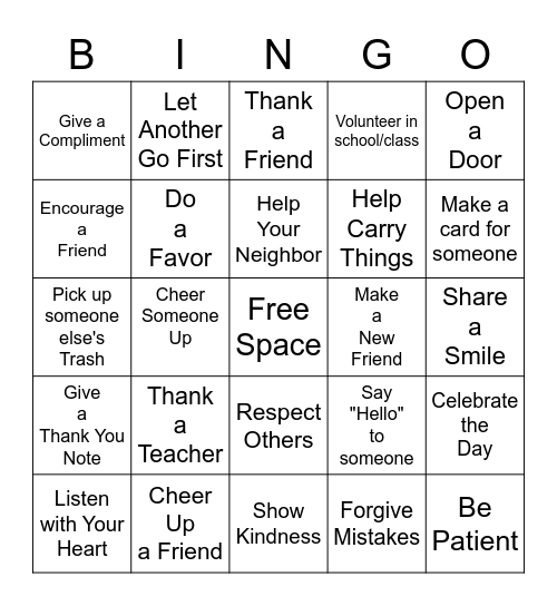 Random Acts of Kindness Bingo Card