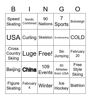 Beijing Winter Olympics 2022 Bingo Card