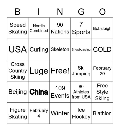 Beijing Winter Olympics 2022 Bingo Card