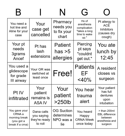 Anesthesia Bingo Card
