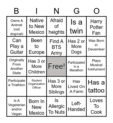UTEP and Burrell Networking Bingo Card